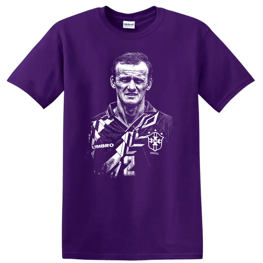 Black and white retro soccer portrait of Cláudio Taffarel T-shirt graphic on a Purple T Shirt