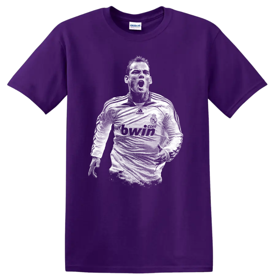 Retro pixel-style Cristiano Ronaldo portrait T shirt design on a Purple T Shirt
