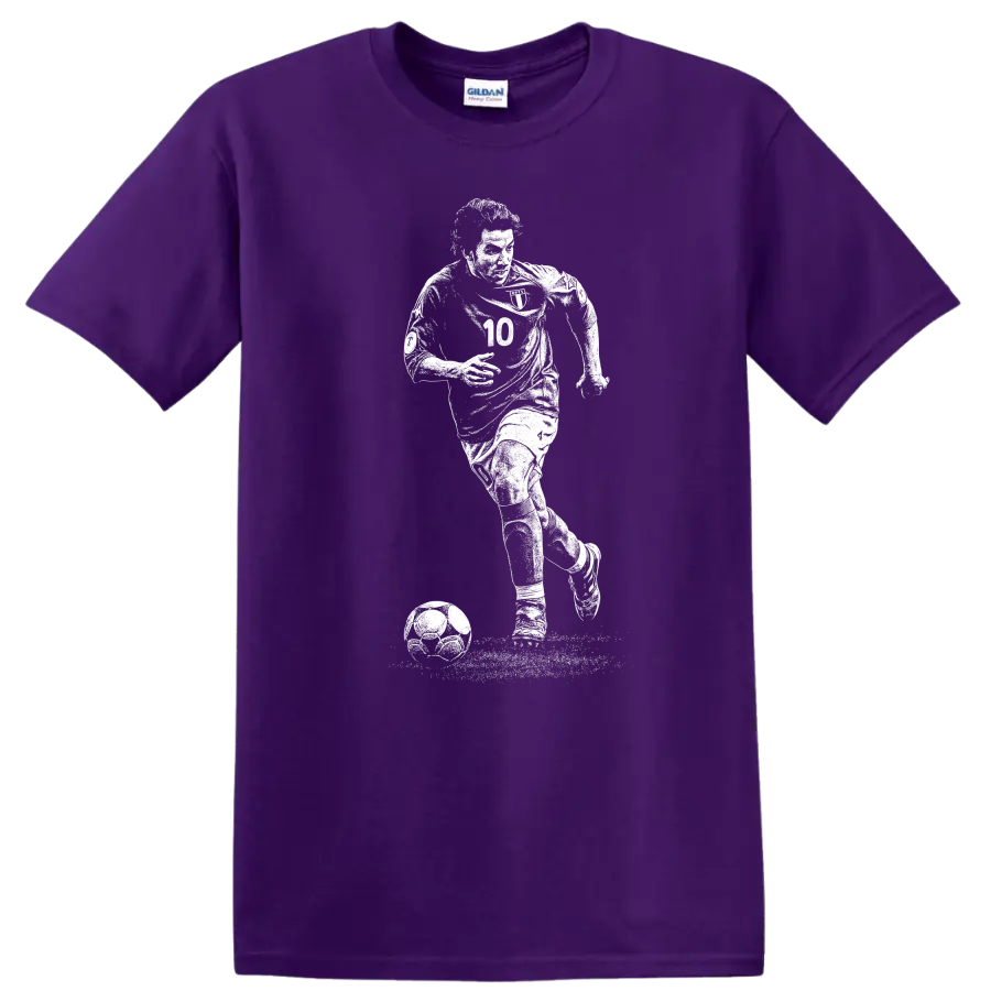 Black and white retro soccer portrait of Alessandro Del Piero T Shirt design on a Purple T Shirt