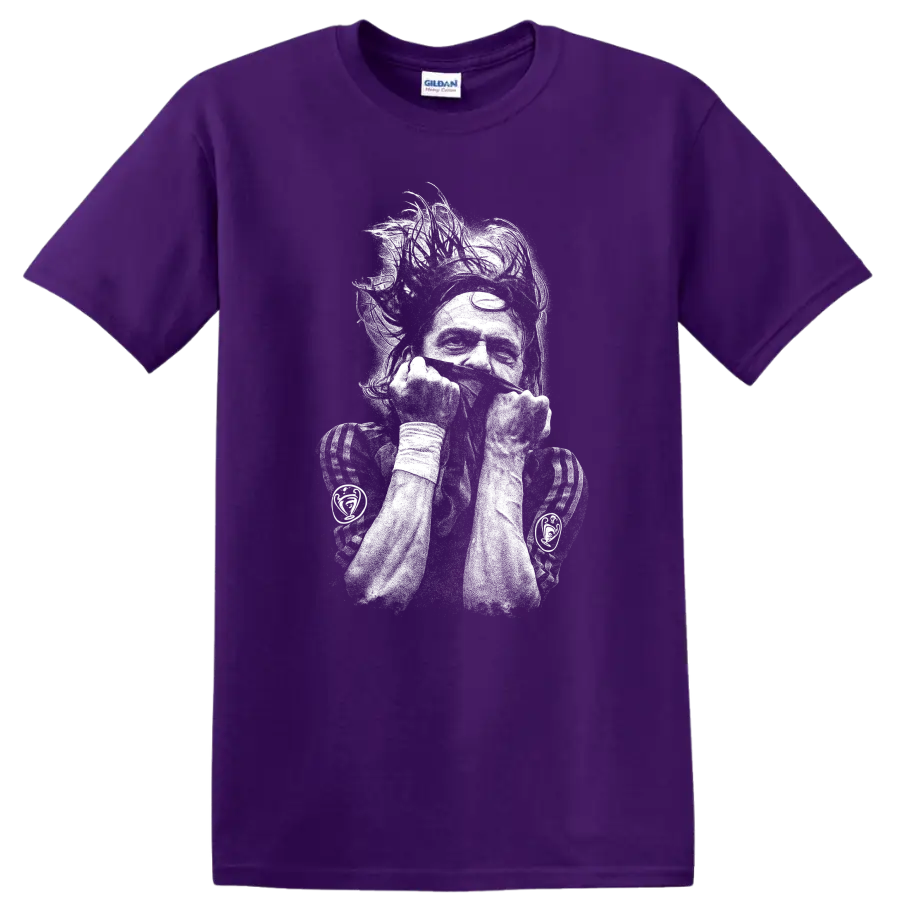 Retro soccer portrait of Zlatan Ibrahimović style T Shirt design on a Purple T Shirt