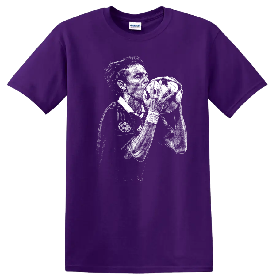 Retro soccer portrait of Filippo Inzaghi legend style T shirt graphic on a Purple T Shirt