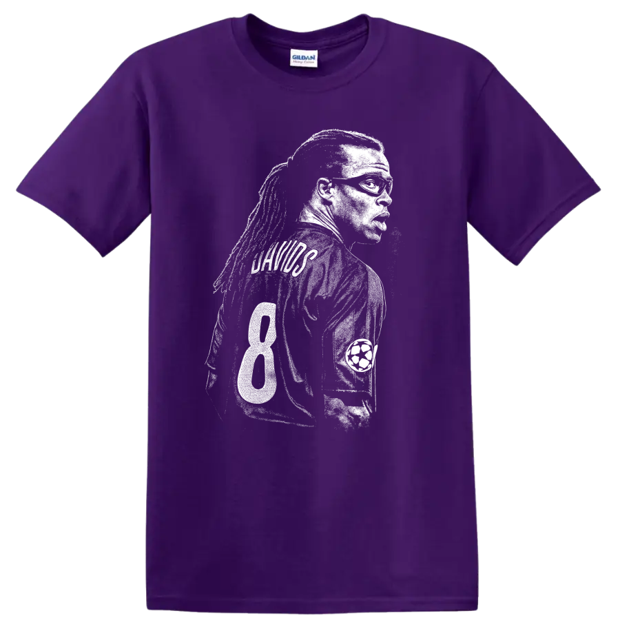 Black and white retro soccer player portrait design T Shirt on a Purple T Shirt