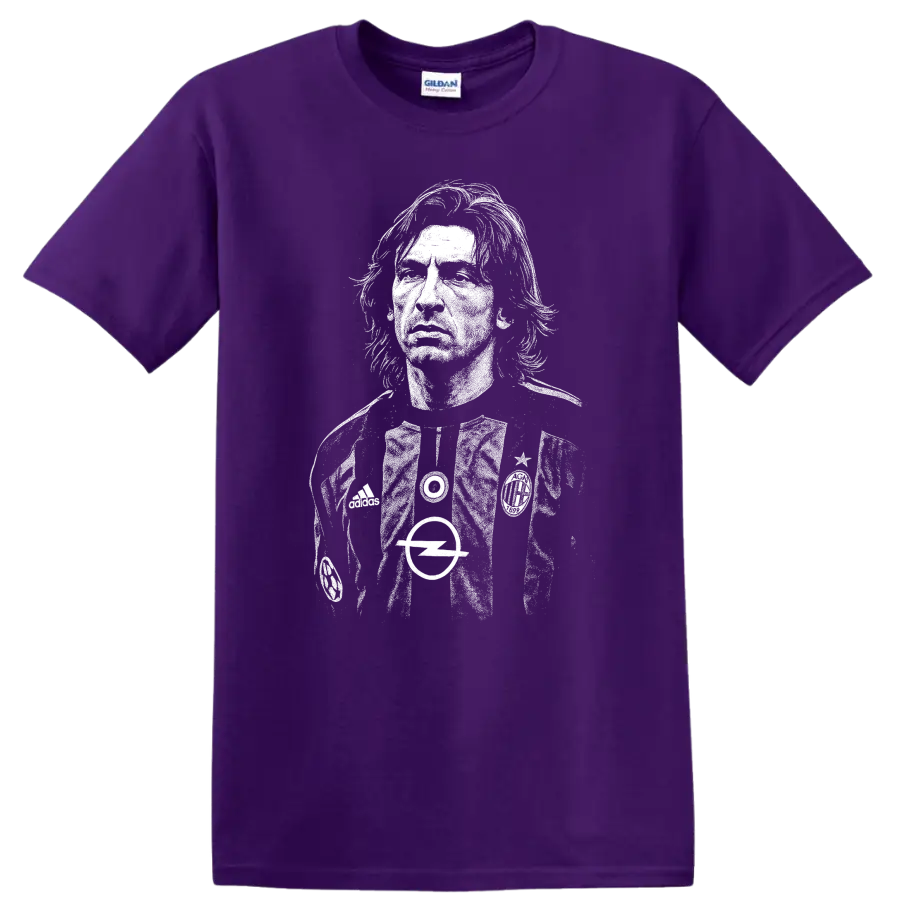 High-contrast retro Andrea Pirlo soccer portrait T Shirt design on a Purple T Shirt