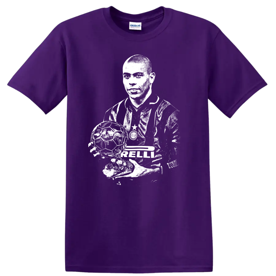 Retro soccer portrait graphic inspired by Ronaldo Nazário on a T Shirt on a Purple T Shirt