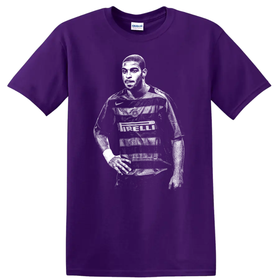 Retro soccer player portrait of Adriano Leite Ribeiro in black and white T shirt design on a Purple T Shirt