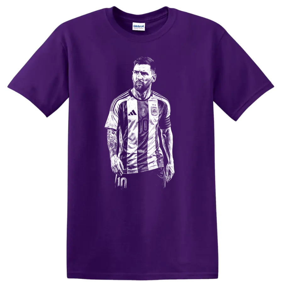 Retro soccer Lionel Messi portrait legend style T shirt on a Purple T Shirt