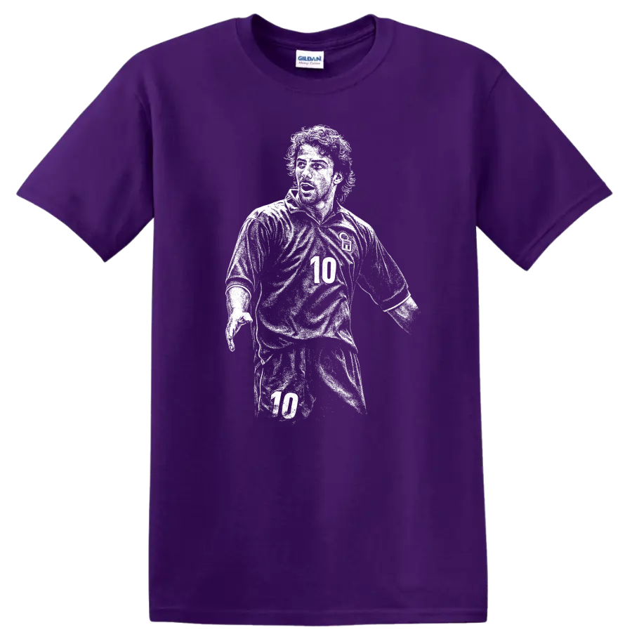 Retro soccer portrait of Alessandro Del Piero legend style T shirt graphic on a Purple T Shirt