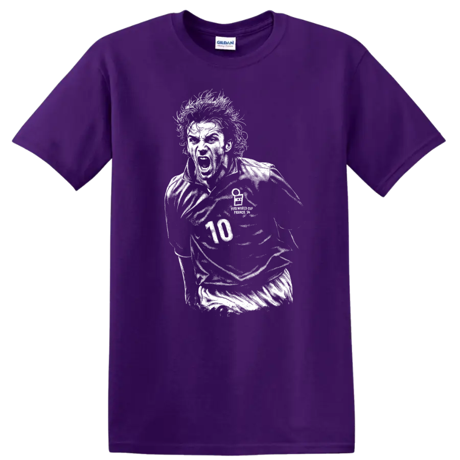 Black and white retro soccer portrait of Alessandro Del Piero style T-shirt design on a Purple T Shirt