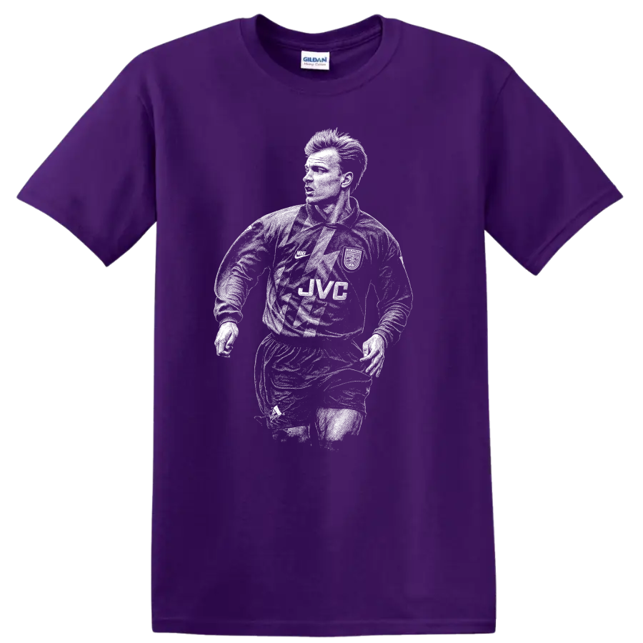 Retro soccer portrait of Dennis Bergkamp legend style T shirt on a Purple T Shirt