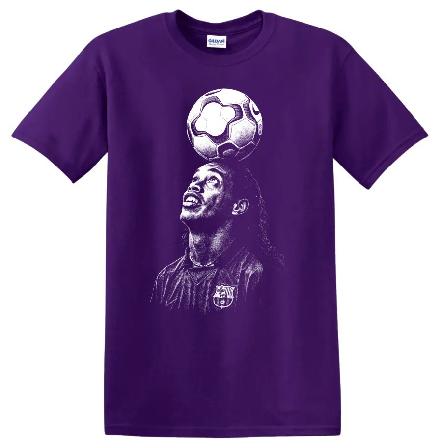 Black and white retro soccer player portrait graphic T Shirt on a Purple T Shirt