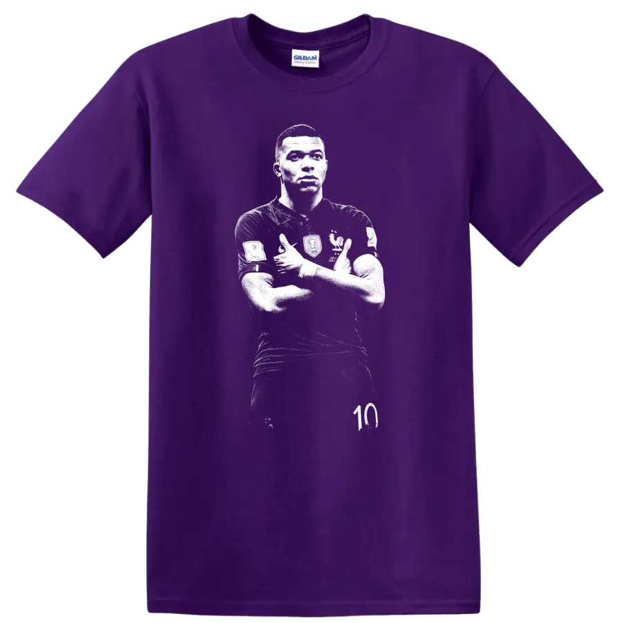 Retro soccer portrait style design inspired by Kylian Mbappé on a T Shirt on a Purple T Shirt