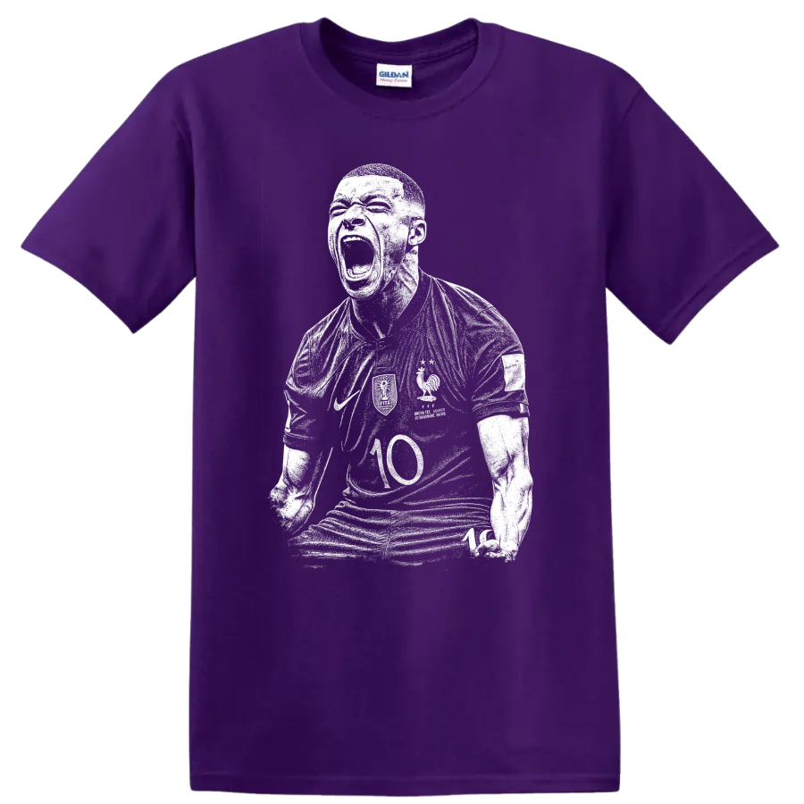 Black and white retro soccer portrait style Kylian Mbappe T Shirt design on a Purple T Shirt