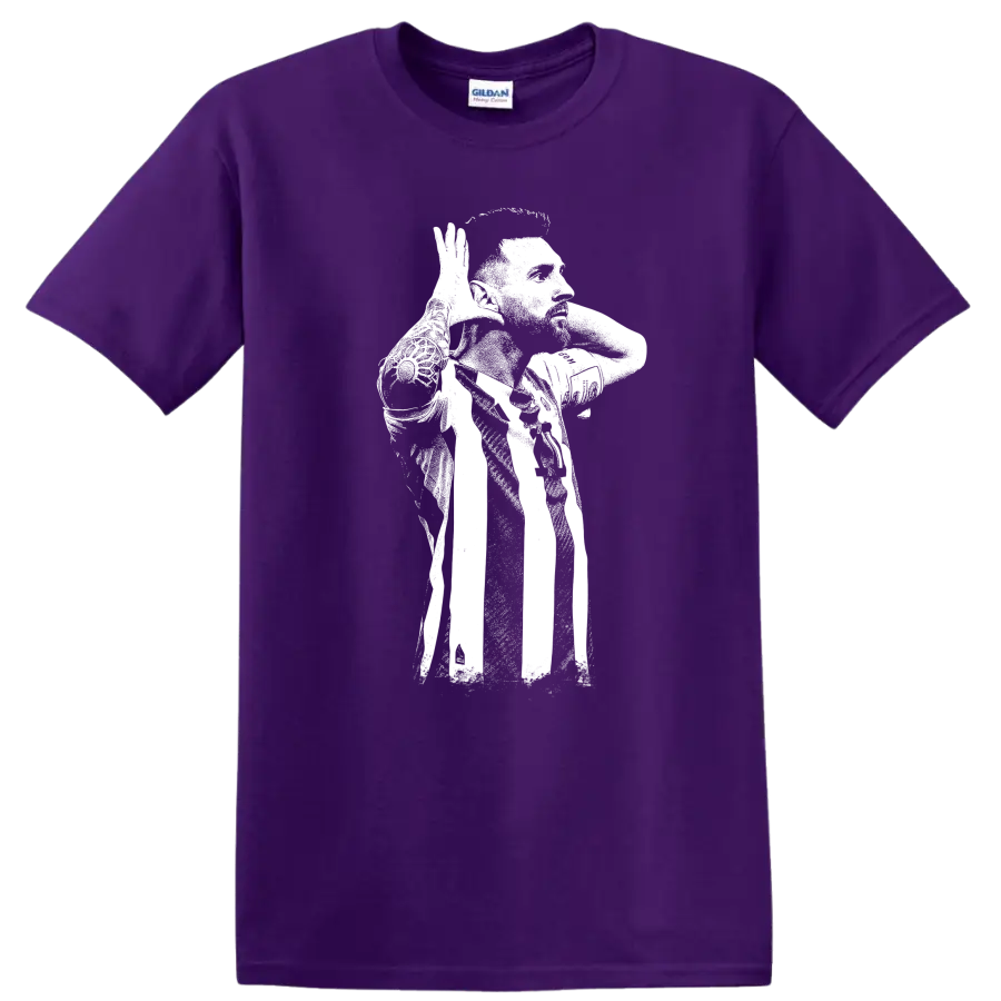 High-contrast retro soccer portrait of Lionel Messi style graphic T-shirt on a Purple T Shirt