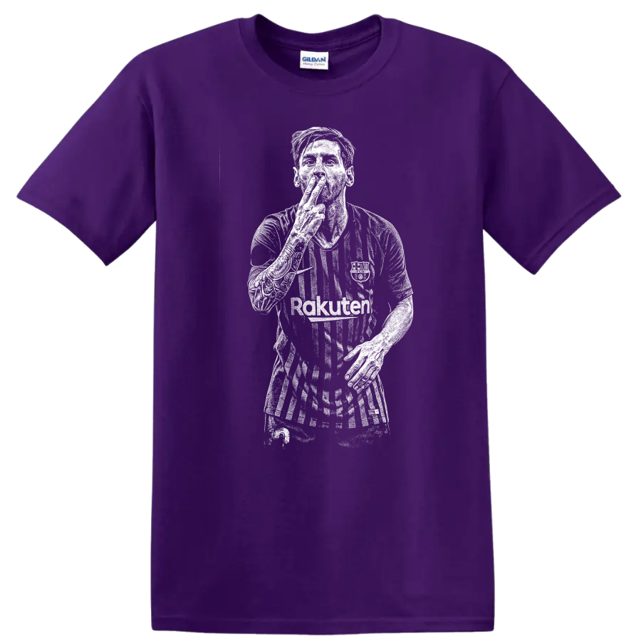 Black and white retro soccer player portrait legend style T shirt on a Purple T Shirt