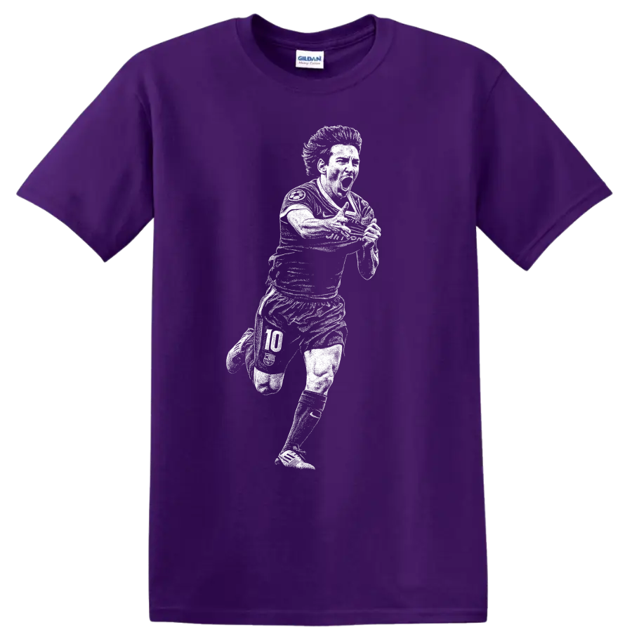 Retro soccer portrait of Lionel Messi legend style T shirt on a Purple T Shirt