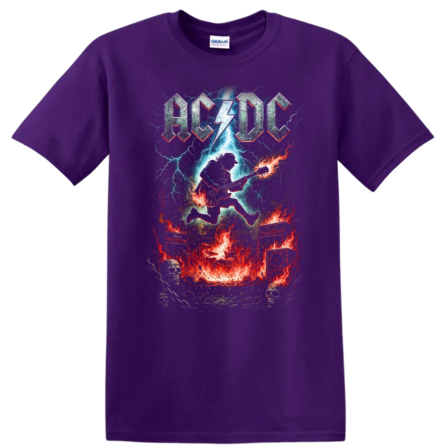 AC DC Retro Rock Lightning Guitar Heavy Metal T Shirt on a Purple T Shirt