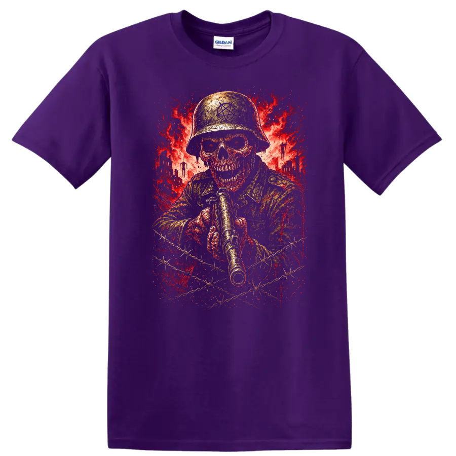 Vintage Classic Rock Album Cover Art T Shirt featuring a skull soldier on a Purple T Shirt