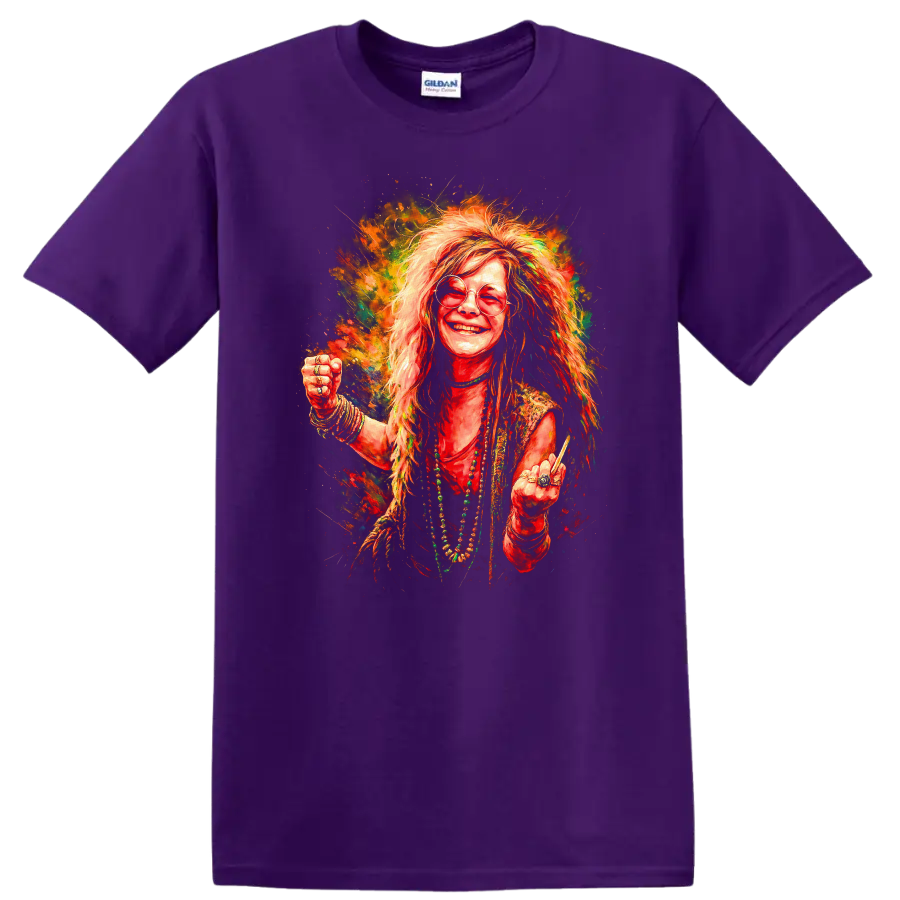 Vintage classic rock album cover art T Shirt featuring Janis Joplin design on a Purple T Shirt