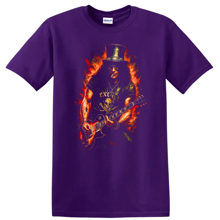 Vintage Classic Rock Album Cover Art T Shirt featuring guitarist in Guns N' Roses style on a Purple T Shirt