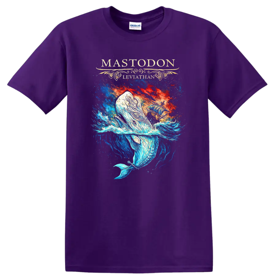 Mastodon Leviathan Retro Heavy Metal Album Art T Shirt on a Purple T Shirt