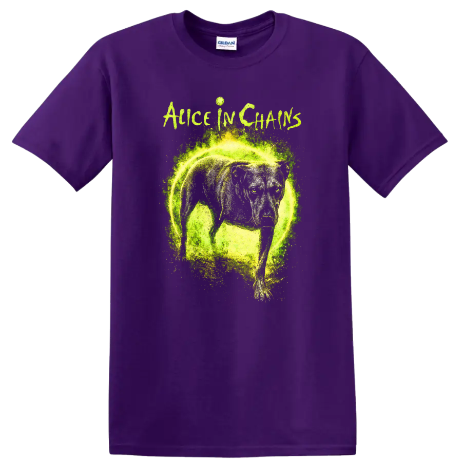 Alice in Chains Retro Heavy Metal Album Art T Shirt on a Purple T Shirt