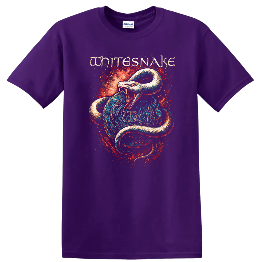 Whitesnake retro rock T Shirt with snake and globe design on a Purple T Shirt