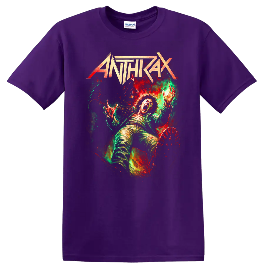 Anthrax Retro Heavy Metal Album Cover Legend T Shirt on a Purple T Shirt