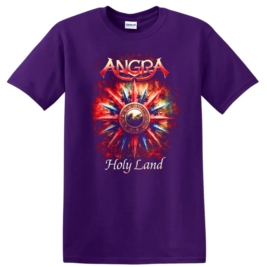 ANGRA Holy Land Retro Heavy Metal Album Art T Shirt on a Purple T Shirt
