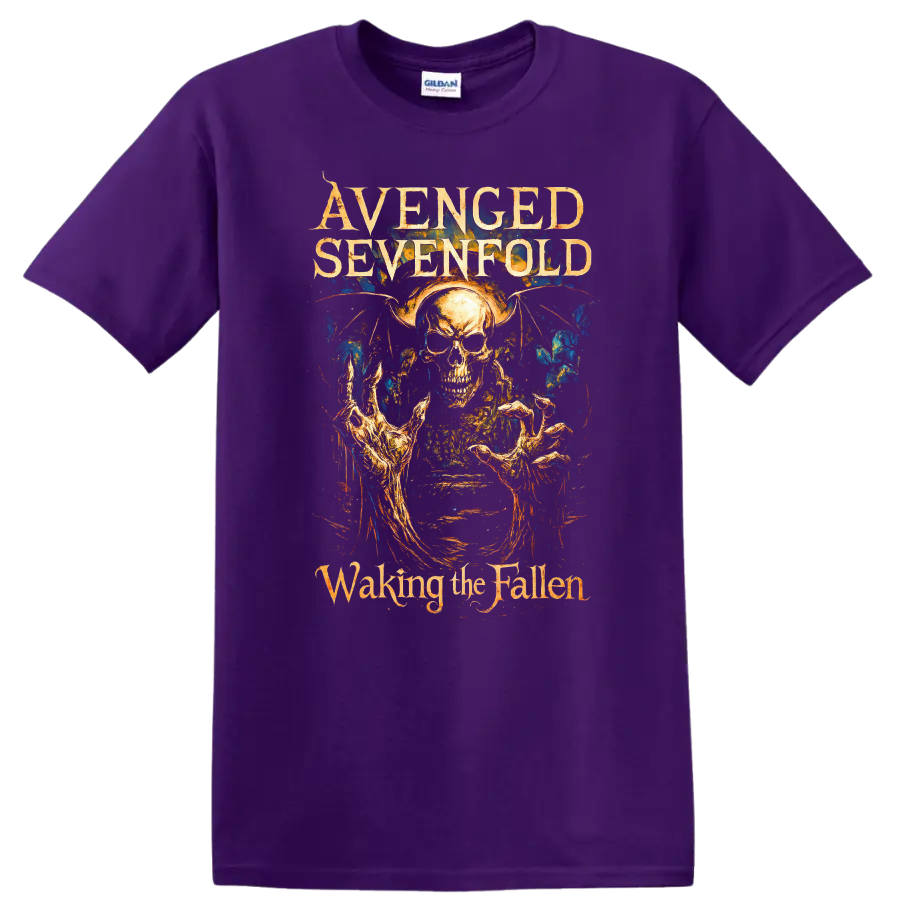 Avenged Sevenfold Waking the Fallen Retro Metal Album Art T Shirt on a Purple T Shirt