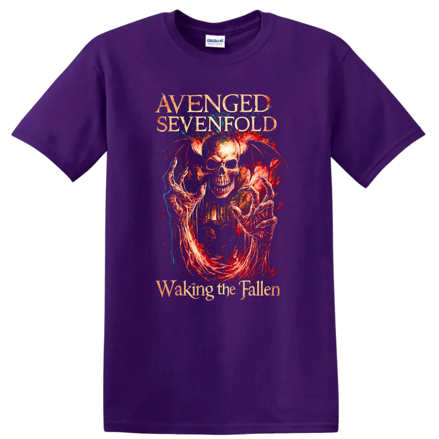 Avenged Sevenfold Retro Heavy Metal Skull Album Art T Shirt on a Purple T Shirt