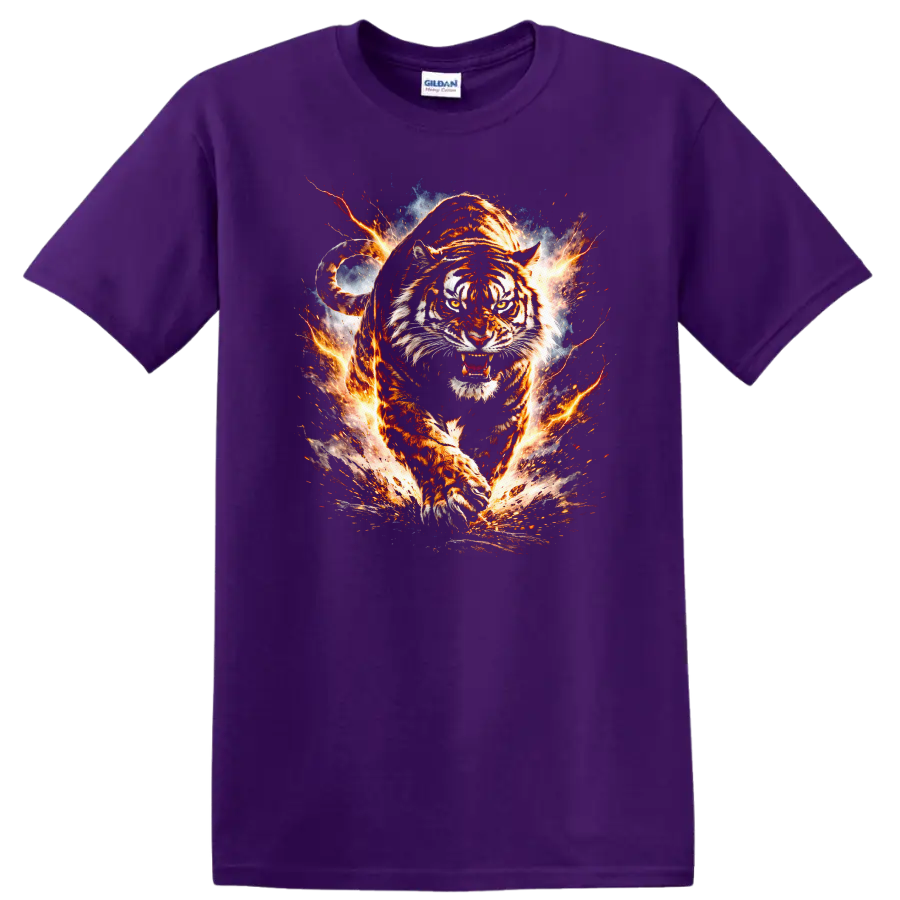 Fiery Tiger Attack Graphic T Shirt Bold Animal Wild - Purple