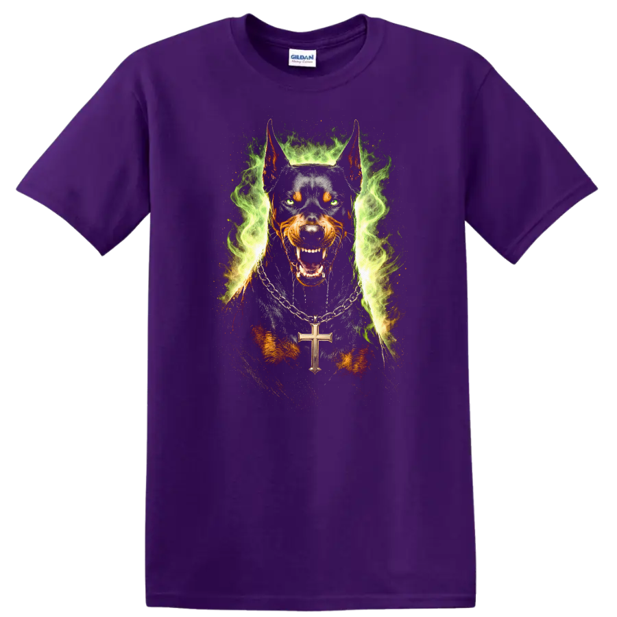 Wild Doberman Dog Portrait Flame Ring T Shirt for Animal Lovers - Purple