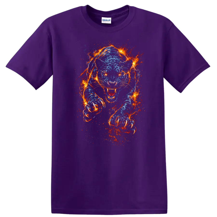 Blue Flaming Panther Attack T Shirt Fierce Fire Animal Graphic - Purple