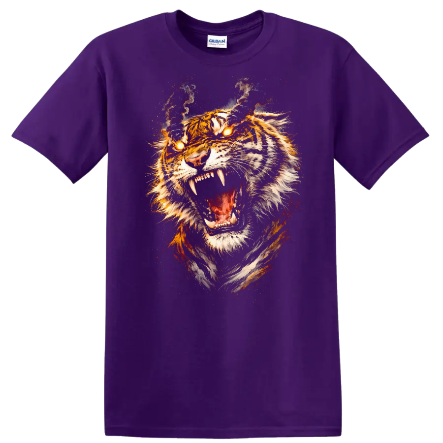 Roaring Tiger Fire Eyes Fierce Animal Art T Shirt - Purple