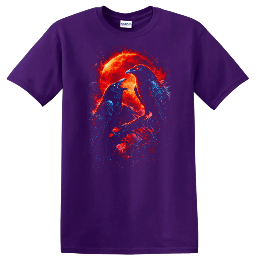 Fiery Raven Birds Eclipse Moon Graphic T Shirt Animal Energy Design - Purple
