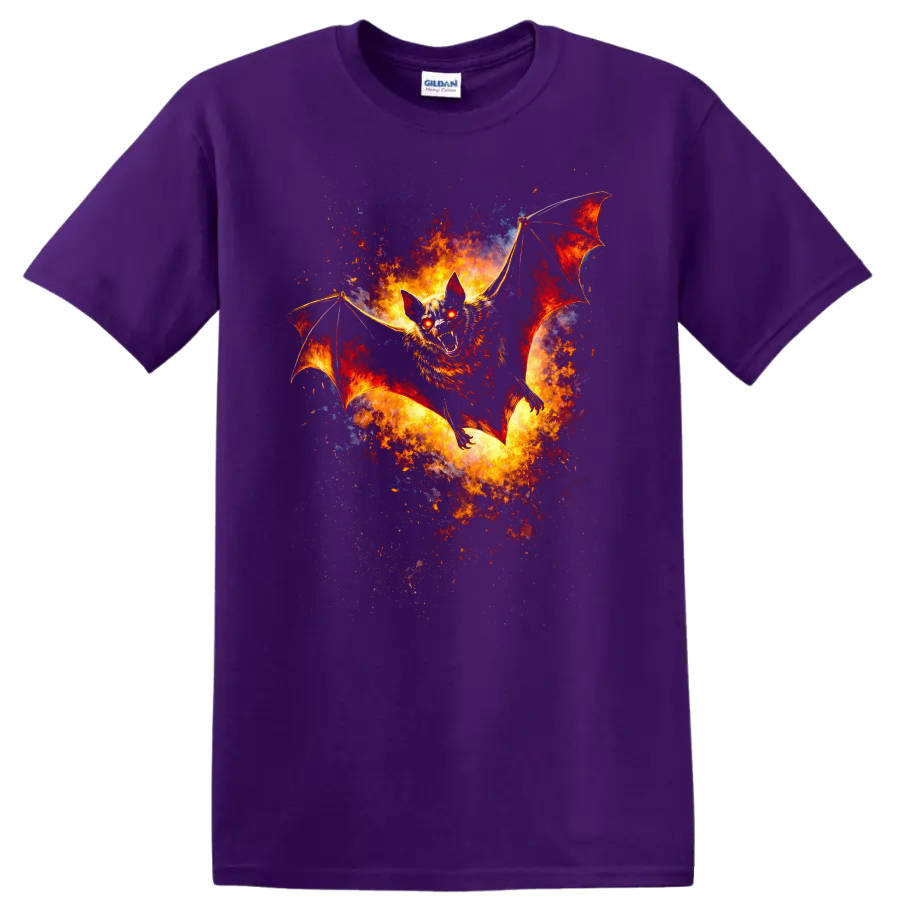 Fiery Bat in Flight Animal Art T Shirt for Fantasy Fans - Purple