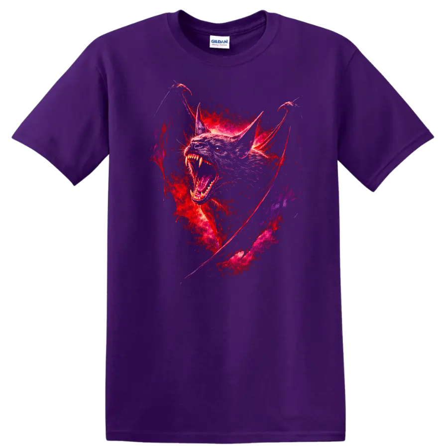 Fierce Neon Bat Animal Art Graphic T Shirt for Gothic Wildlife Fans - Purple
