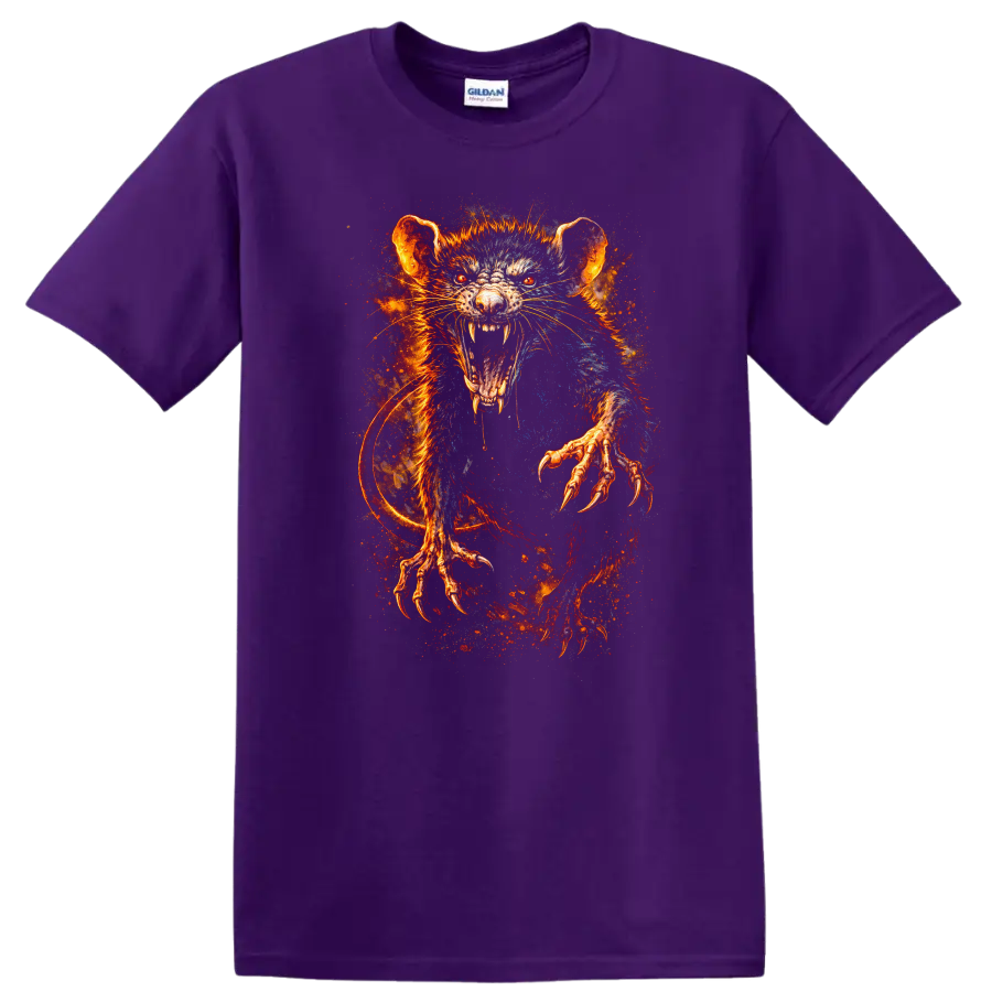 Fiery Rat Monster Art T Shirt Glowing Rage Creature Animal Graphic - Purple