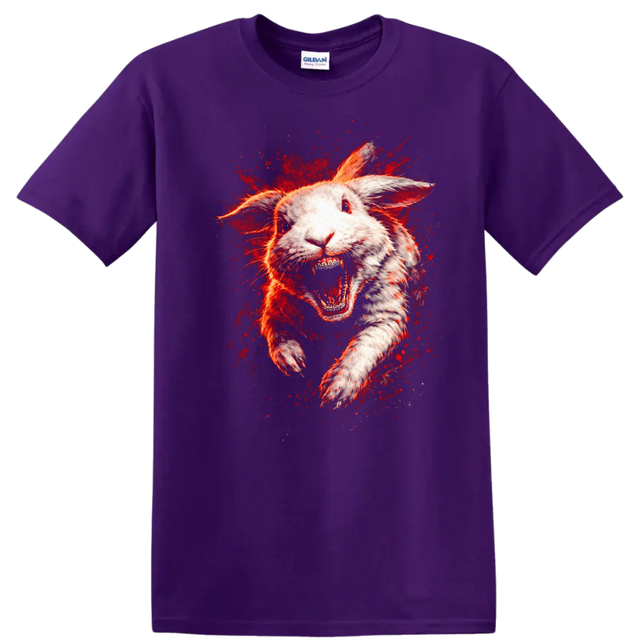 Raging White Rabbit Explosion Graphic T Shirt Fierce Animal Art - Purple