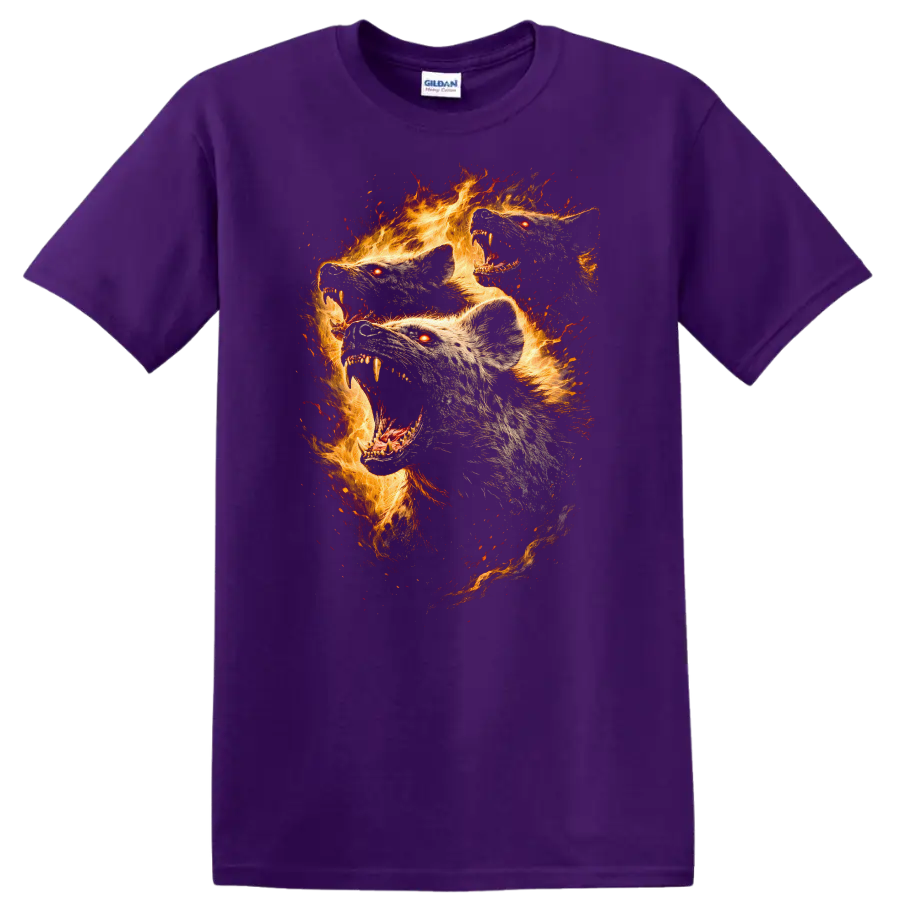 Fiery Wolf Heads Flaming Animal Art T Shirt - Purple