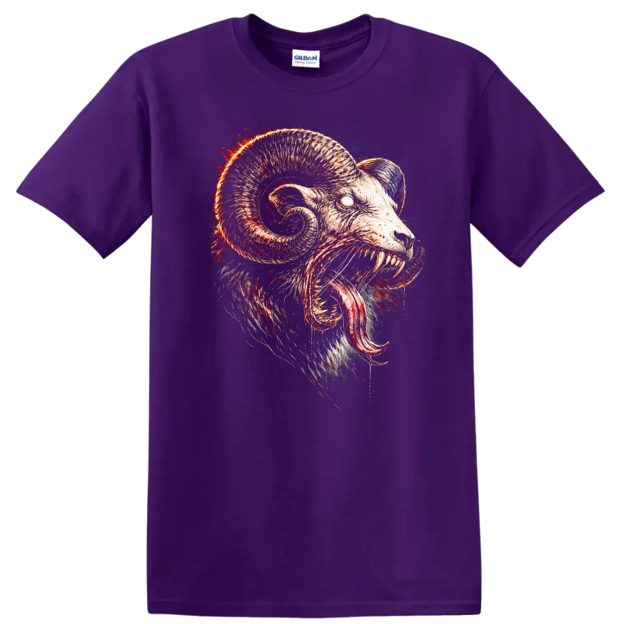 Raging Ram Skull Monster T Shirt Fierce Animal Horror Graphic - Purple