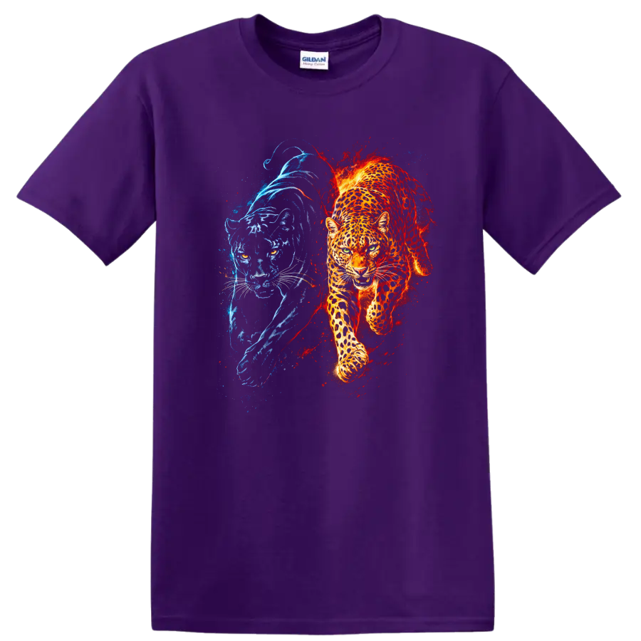 Fire and Ice Panther T Shirt Blue Red Big Cat Animal Graphic - Purple