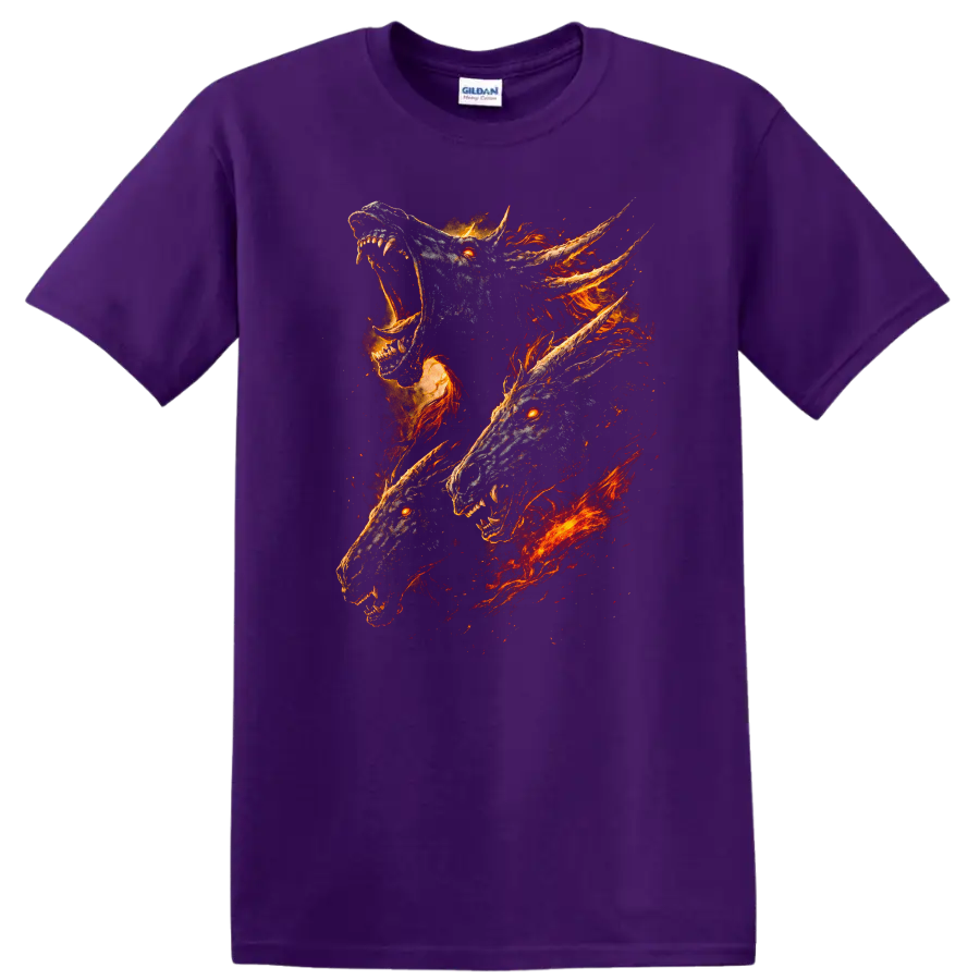 Fiery Wolf Head Trio Graphic T Shirt Bold Animal Art - Purple