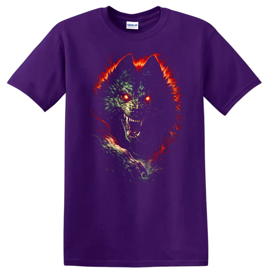Glitch Wolf Fire Eyes Animal Graphic T Shirt for Bold Streetwear - Purple