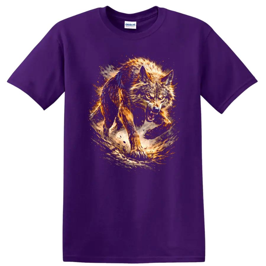 Fierce Wolf Running Through Fire Storm T Shirt Wild Animal Art - Purple