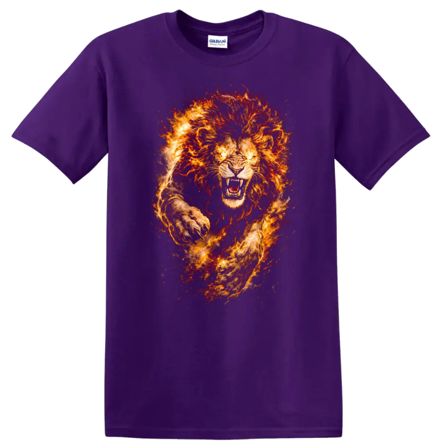 Fiery Lion Head T Shirt Roaring Wild Animal Graphic for Men Women - Purple
