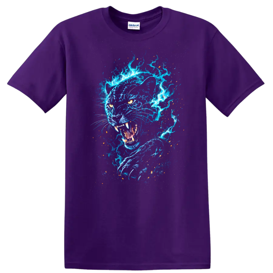 Electric Blue Panther Fireburst Graphic T Shirt for Animal Lovers - Purple