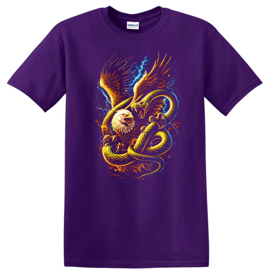Fire and Ice Eagle Snake Battle Graphic T Shirt for Animal Art Fans - Purple
