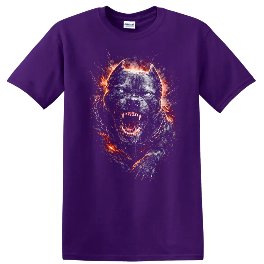 Fierce Pitbull Dog Head Fiery Chain T Shirt for Animal Lovers - Purple