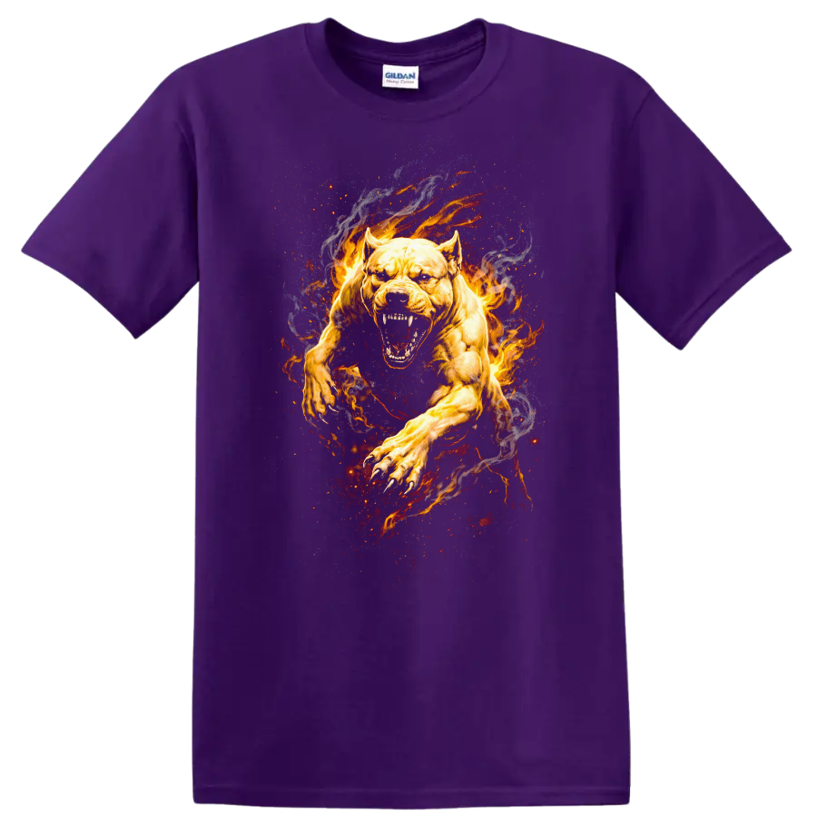 Fiery Pitbull Attack Art T Shirt Aggressive Animal - Purple